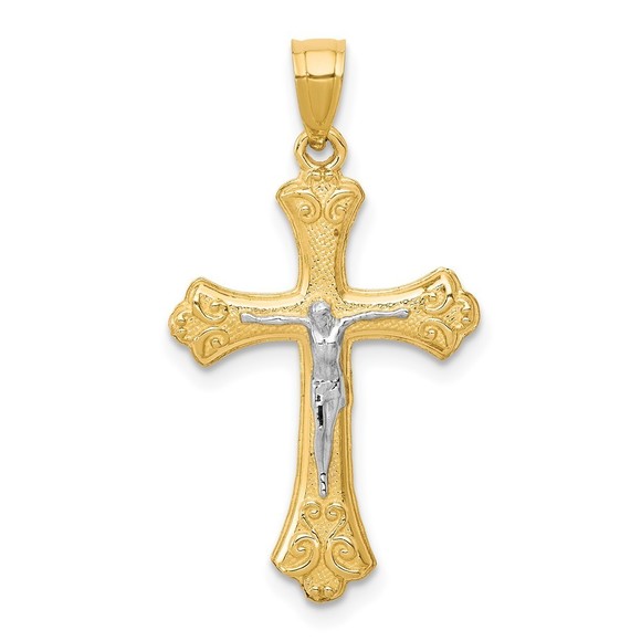 Million Charms 10k Yellow Gold Rhodium Fleur De Lis Crucifix Pendant